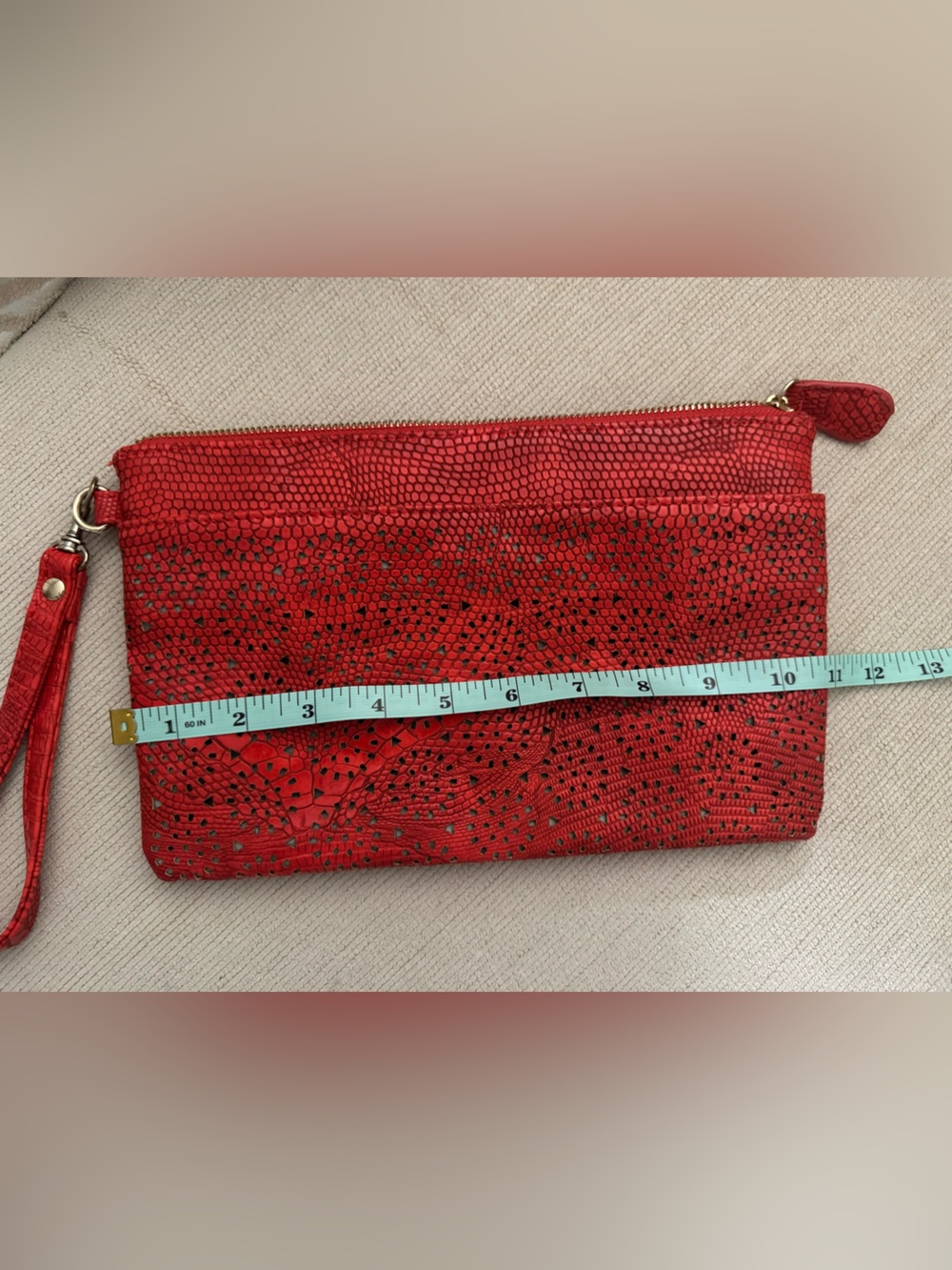 Chico’s Red Faux Leather Snakeskin Embossed Studded Wristlet Clutch Bag - Picture 2 of 9